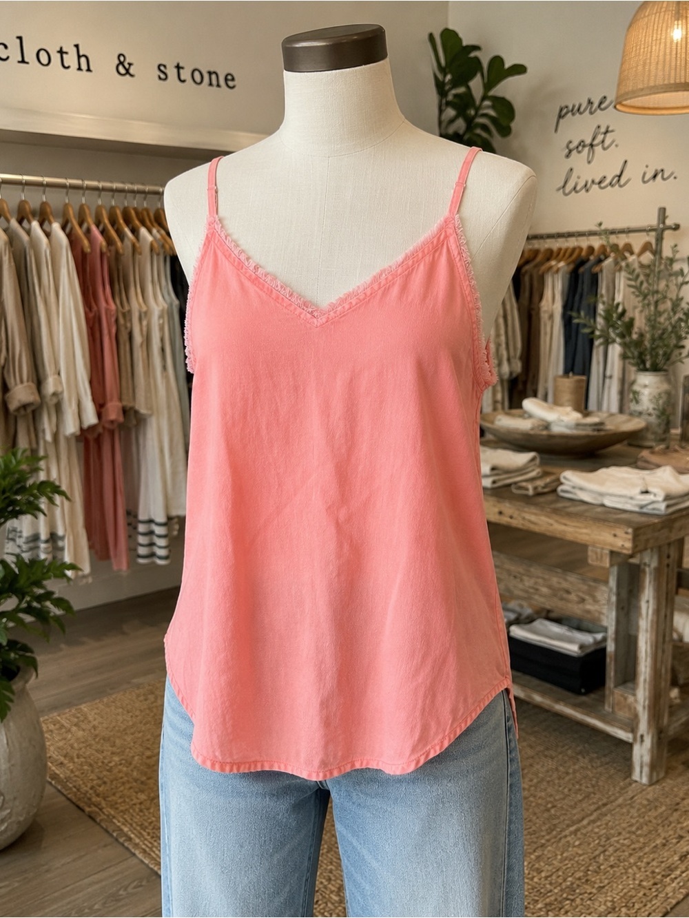 Cloth & Stone Pink 100% Tencel Lyocell Frayed Trim Cami Tank Top Size Small